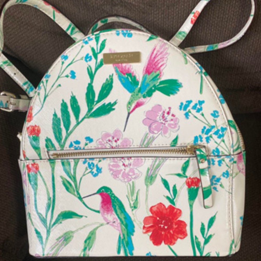 Kate Spade small backpack white with hummingbirds and flowers